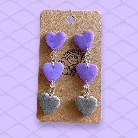 Handmade Lavender Purple and Speckled Grey Heart Drop Dangle Earrings - Picture 1 of 7